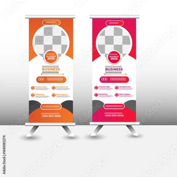 Obraz Exhibition advertising banner modern and professional layout, Business agency business pull up vertical display banner, luxury creative rollup, pull up banner template design 