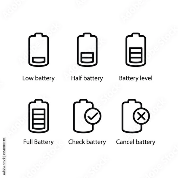 Obraz Low, Half, level, Full, Check battery, Cancel battery, icon