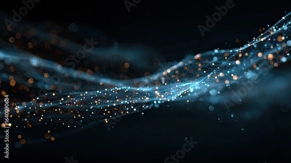 Fototapeta Dynamic abstract network of glowing blue and gold particles flowing through a dark, futuristic digital space, representing connectivity and data transfer.