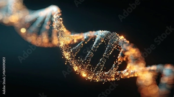 Fototapeta Captivating glowing DNA helix composed of shimmering particles, symbolizing life's intricate blueprint and scientific discovery in a dark, futuristic setting