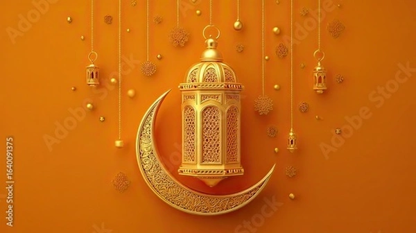 Fototapeta Stunning golden Ramadan lantern and crescent moon sparkle with intricate patterns, creating an elegant Islamic celebration backdrop with festive hanging ornaments.