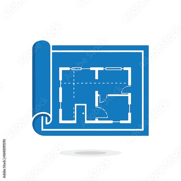 Obraz A rolled blue blueprint icon displaying a white architectural floor plan for a house or building project.