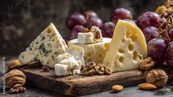 Fototapeta Savor the rich textures and exquisite tastes of a gourmet cheese board featuring creamy brie, sharp swiss, and tangy blue cheese, perfectly paired with plump grapes and crunchy nuts.