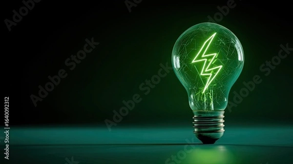 Fototapeta Bright green lightning bolt illuminates inside a vintage glass lightbulb against a dark, moody backdrop, symbolizing innovative ideas and powerful energy concepts.