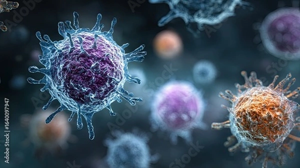 Fototapeta Microscopic view of colorful viruses or cells, detailed and complex structures.