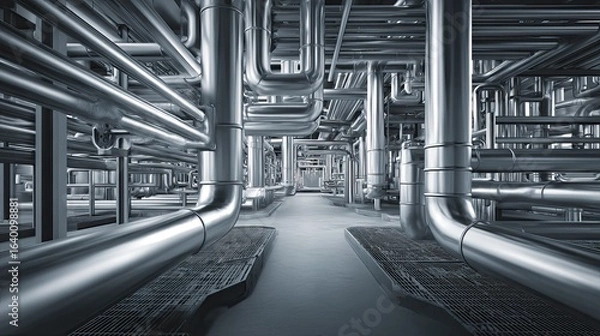 Fototapeta Explore the intricate network of gleaming industrial pipes and machinery, a testament to modern engineering and complex manufacturing processes in a vast factory setting