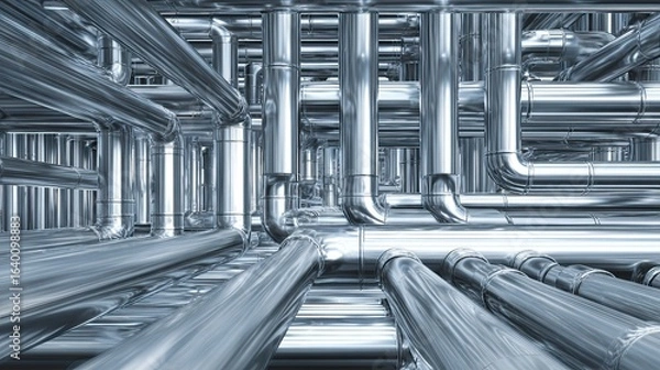 Fototapeta Intricate network of gleaming silver pipes creating a modern industrial abstract background for technology or infrastructure concepts