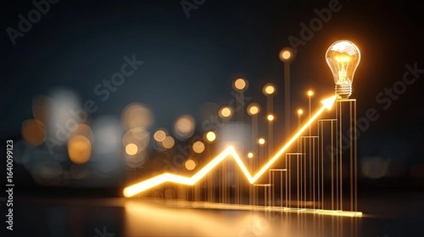 Fototapeta Ignite your business growth with this stunning visual representing innovation, strategy, and upward success culminating in a bright idea represented by a glowing lightbulb atop a rising graph.