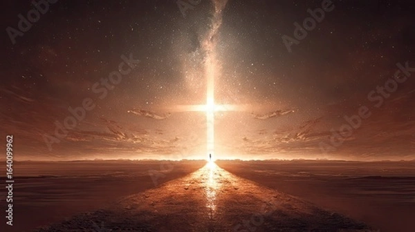 Fototapeta Journey toward divine light, a solitary figure walks a path illuminated by a celestial cross and starry sky, inspiring hope and spiritual connection.