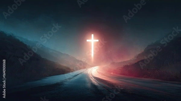 Fototapeta Journey of faith illuminated by a radiant cross guiding the way forward on a misty, atmospheric road at dusk