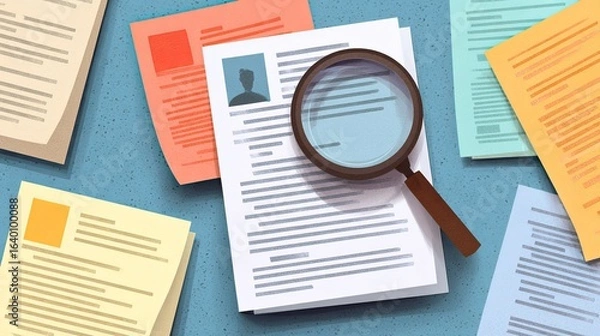 Fototapeta Carefully scrutinizing resumes with a magnifying glass, highlighting the meticulous process of candidate selection and talent acquisition in modern hiring.