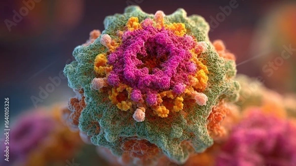 Obraz A colorful flower with a pink center and green and orange petals. The flower is very detailed and looks like it is made of many small pieces