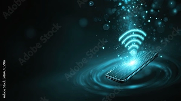 Fototapeta A smartphone emitting a glowing Wi-Fi signal, surrounded by ripples and digital particles, symbolizing wireless connectivity and technology.