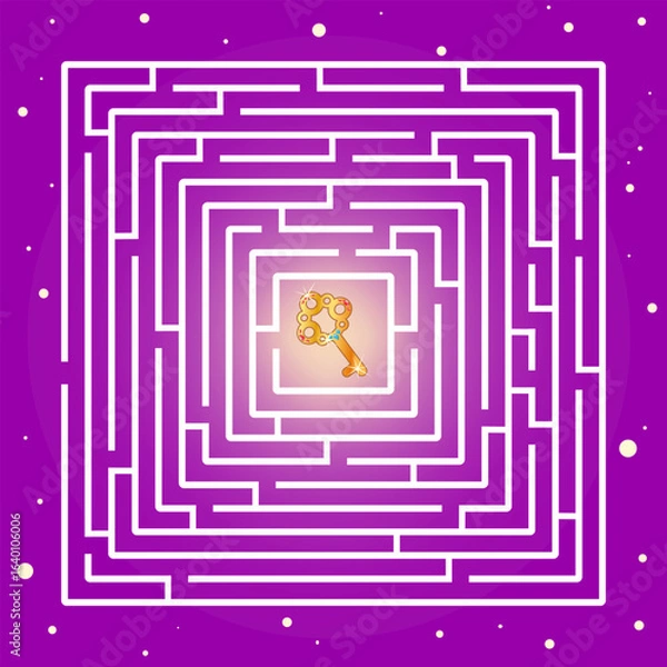 Fototapeta Find the way to the golden key. Maze game on purple background. Vector illustration for children's entertainment, activity book, print.