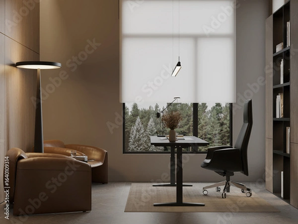 Fototapeta Modern executive office corner with leather lounge chairs, large window view, and ambient lighting.