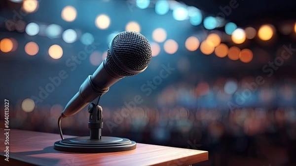Fototapeta Close-up of a microphone on a stand in front of a blurred audience.