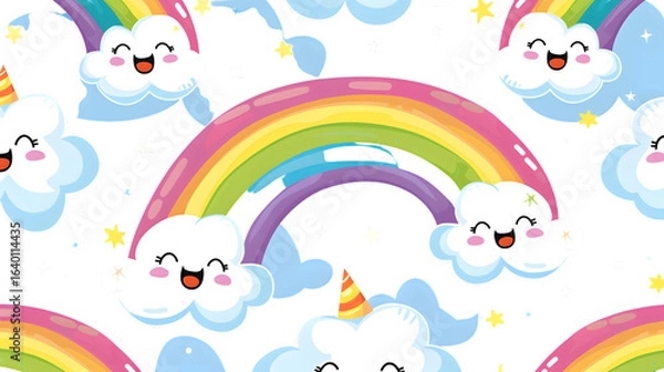 Fototapeta Rainbow and Cute Face Cloud Seamless Pattern for Creative Projects