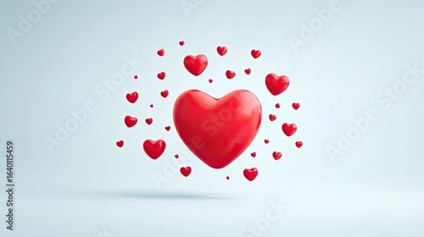 Fototapeta Vibrant red hearts float dynamically in a clean, airy studio creating a joyful and romantic atmosphere perfect for celebrations and expressions of love
