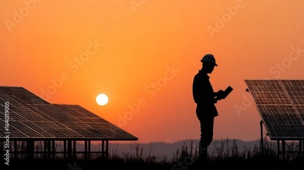 Fototapeta Determined engineer in hard hat reviewing data on tablet amidst solar panels at breathtaking sunset, symbolizing renewable energy and future innovation.