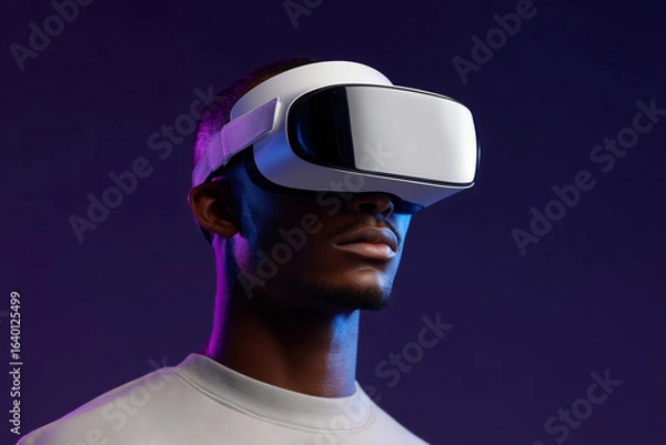 Obraz A man wearing a virtual reality headset exploring an immersive experience with colorful lights