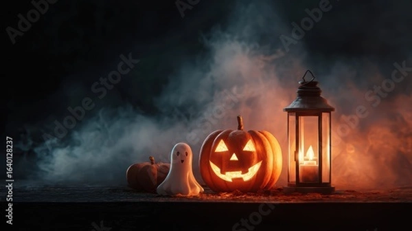 Fototapeta Eerie halloween scene with jack-o'-lantern, ghost figurine, and lantern amidst fog