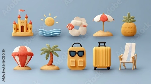 Fototapeta A collection of cute 3D icons representing summer vacation, travel, and beach activities on a light blue background.