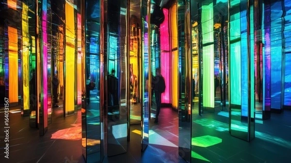Fototapeta A vibrant maze of mirrored panels reflecting colorful lights, creating a surreal and immersive experience for visitors.