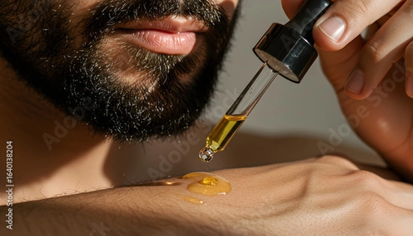 Fototapeta Man applying beard oil dropper on hand for grooming routine  