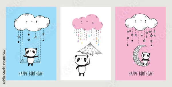 Fototapeta Set of Greeting cards with cute pandas. Happy Birthday. Hand drawn illustration for your design. Doodles, sketch. Vector illustration.