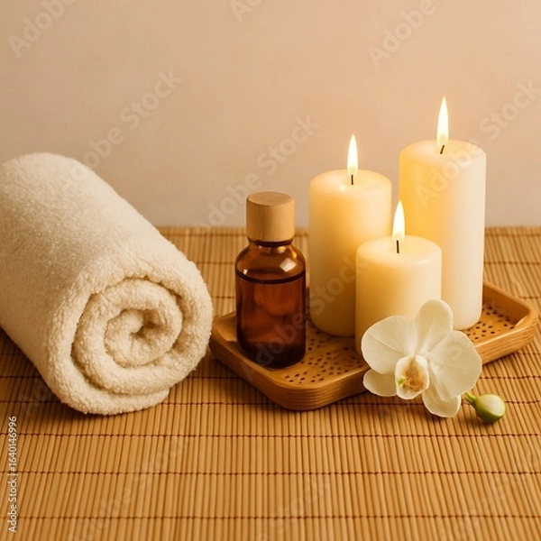 Fototapeta Spa still life with candles, essential oils, rolled towels and orchid on bamboo mat