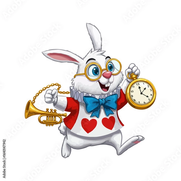 Fototapeta A nice rabbit in a hurry running to wonderland with trumpet on its hand