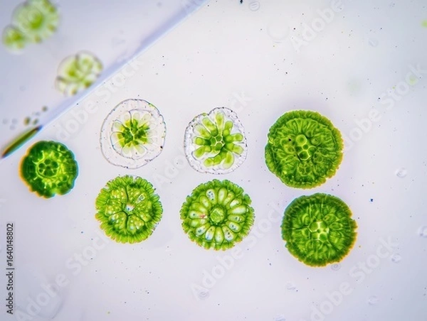 Fototapeta Microscope view of green plant cells on white background. AI-generated.