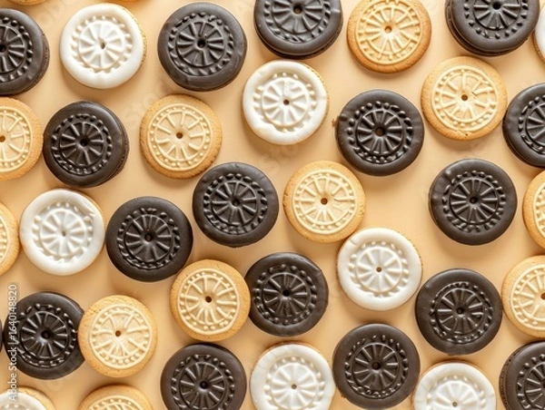 Fototapeta Assorted sandwich cookies arranged in a repeating pattern. AI-generated.