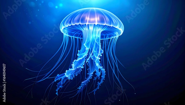 Fototapeta Glowing jellyfish in deep ocean