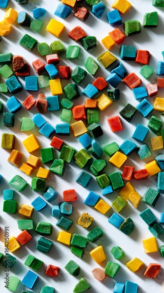 Fototapeta Close up of small square colorful plastic granules in scattered arrangement