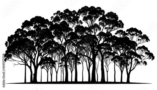 Fototapeta Silhouettes of numerous trees in a dense forest.