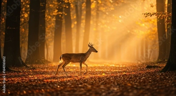 Fototapeta Deer's Majestic Walk Through Forest: An elegant deer confidently strides through a sun-drenched forest. This stunning shot, with soft, warm light. Captures the harmony of nature and wildlife.