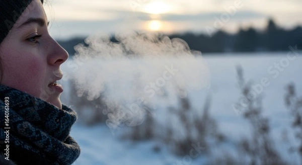 Fototapeta Winter's Breath: The frosty air is a visible exhale from an individual, showcasing a serene moment within a snow-covered scene.