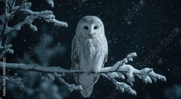 Fototapeta Snowy Owl Serenity: A majestic snowy owl, perched gracefully on a snow-covered branch, gazes with piercing eyes in a serene winter landscape, creating a captivating scene of nature's beauty.