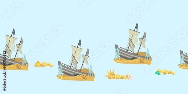 Fototapeta Seamless border. Sunken pirate ship on the seabed with gold coins, crown, golden cup and gemstones. Vector illustration for party supplies, wrapping paper, fabric.