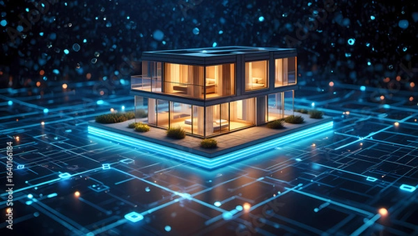 Obraz Modern smart home illuminated within a futuristic digital network