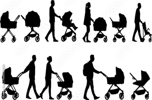 Fototapeta People walking and pushing baby in stroller side view silhouette set.
