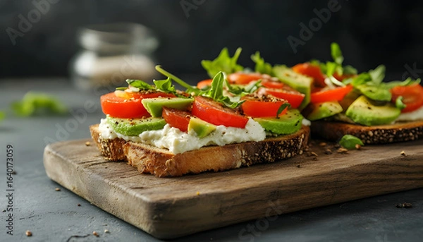 Fototapeta Delicious open-faced sandwich with avocado and creamy spread served on wooden board