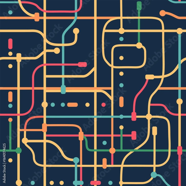 Fototapeta Seamless Metro Map or Circuit Board Pattern – Colorful Network Lines on Dark Background