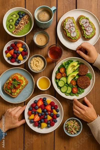 Fototapeta Top-down view of healthy plant-based brunch with smoothie bowls, avocado toast and colorful fruit