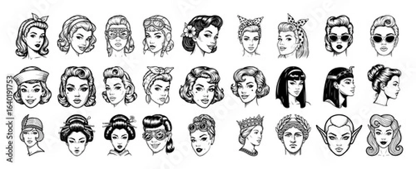 Fototapeta female faces expressions collection retro comic style vector set