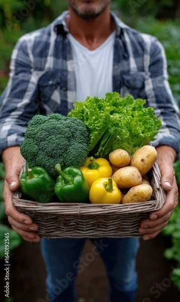 Fototapeta A person stands in a lush garden, holding a wicker basket filled with freshly harvested vegetables, including green peppers, broccoli, lettuce, and potatoes, symbolizing local farming