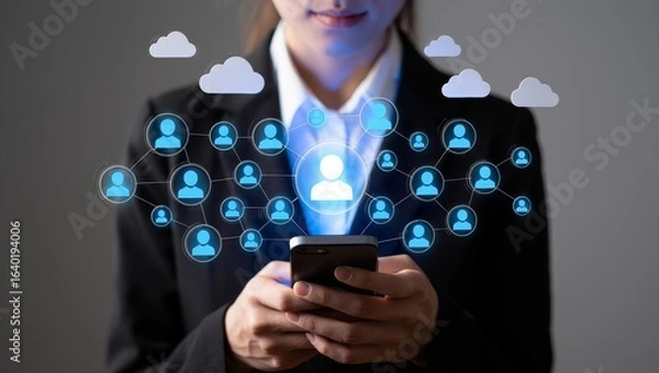 Fototapeta Woman using social media network on smartphone for business and communication online