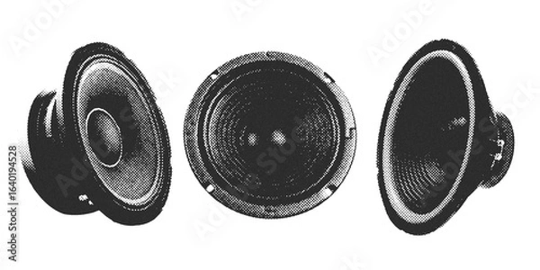 Fototapeta Retro halftone old speaker collage elements. Vintage speaker in halftone texture, grunge dotted pop art style.
