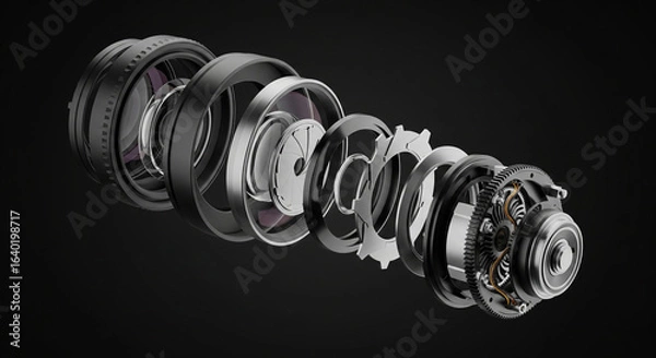 Fototapeta Exploded View of a Camera Lens: The Anatomy of Optics.